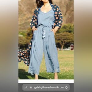 Angels by the Sea Chic Lace Trim Jumpsuit in Blue